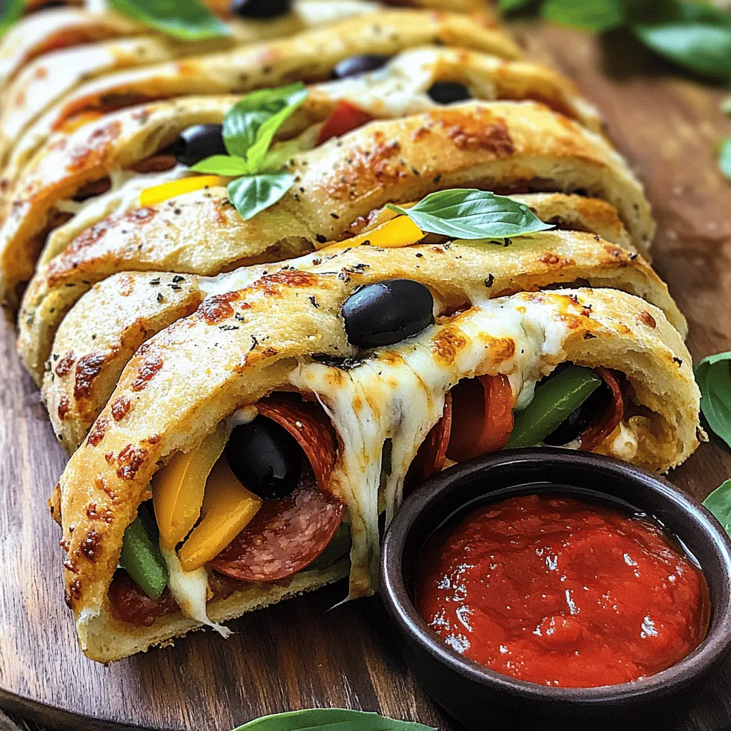 - 1 pound pizza dough (store-bought or homemade) - 1 cup marinara sauce (for dipping) - 2 cups shredded mozzarella cheese - 1 cup sliced pepperoni - 1 cup mixed bell peppers, sliced - 1/2 cup sliced black olives - 1/2 teaspoon garlic powder - 1/2 teaspoon dried Italian herbs - 1 egg, beaten - Flour, for dusting When making a delicious Stromboli, you need the right ingredients. The key is to use fresh items. This ensures each bite bursts with flavor. First, you need pizza dough. You can buy it or make it at home. I often choose store-bought dough for speed. Next, grab some marinara sauce. This will be your tasty dip. Now, let