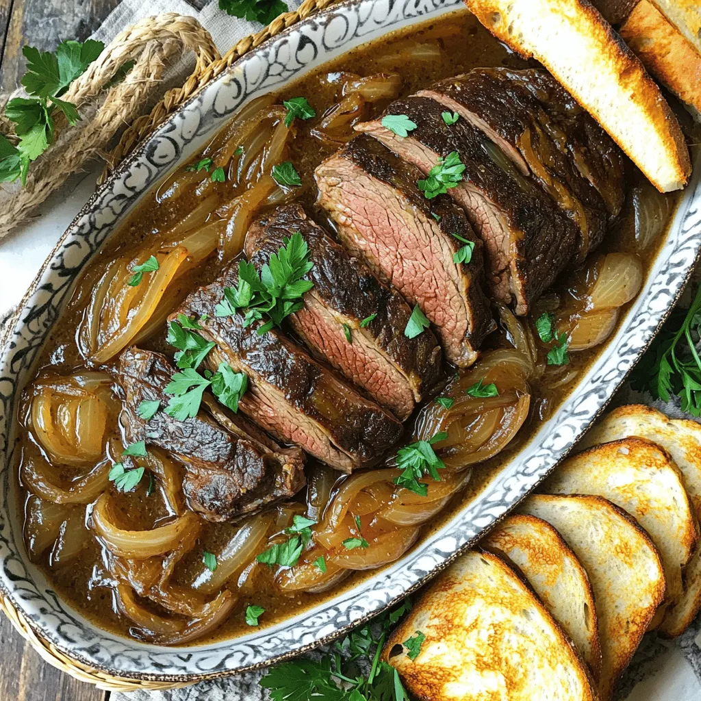 To make a Savory French Onion Pot Roast, gather the following ingredients: - 3 to 4 pounds of beef chuck roast - 4 large yellow onions, thinly sliced - 4 cloves of garlic, minced - 2 cups of beef broth - 2 tablespoons of Worcestershire sauce - 1 tablespoon of balsamic vinegar - 2 tablespoons of olive oil - 1 teaspoon of dried thyme - 1 teaspoon of dried rosemary - Salt and pepper to taste - Fresh parsley, chopped (for garnish) - 1 loaf of crusty French bread (for serving) Each ingredient plays a vital role in building the rich flavors you want. The beef chuck roast serves as the star, providing tenderness and depth. Onions add sweetness and caramelization, while garlic gives a fragrant punch. The broth, Worcestershire sauce, and vinegar create a savory base. Herbs like thyme and rosemary add earthy notes, rounding out the dish beautifully. Do not overlook the garnishes! Fresh parsley adds a pop of color and brightness. And of course, crusty French bread is essential for soaking up the delicious broth. This meal is all about layers of flavor and comfort.- Preheat the oven to 325°F (160°C). - Season and sear the beef chuck roast. Start by adding salt and pepper. Heat olive oil in a large pot. Place the roast in the pot. Sear it for 3 to 4 minutes on each side. This gives the roast a nice crust. Remove the roast and set it aside. - Sauté the onions until golden brown. Add the thinly sliced yellow onions to the same pot. Stir them often. Cook for about 15 to 20 minutes. You want them to become sweet and soft. - Add garlic and sauté further. When the onions are ready, add minced garlic. Cook for an additional 2 to 3 minutes. This makes the kitchen smell amazing. - Deglaze the pot with Worcestershire sauce and balsamic vinegar. Pour these liquids into the pot. Use a wooden spoon to scrape the bottom. This gets all the tasty bits stuck on the pot. - Return the roast and add beef broth and herbs. Place the seared roast back in the pot. Pour in enough beef broth to cover it halfway. Sprinkle dried thyme and rosemary on top. - Cover and place in the oven for 3 to 4 hours. Put a lid on the pot. Bake until the meat is fork-tender. - Check for fork-tenderness. Use a fork to test the roast. If it falls apart easily, it