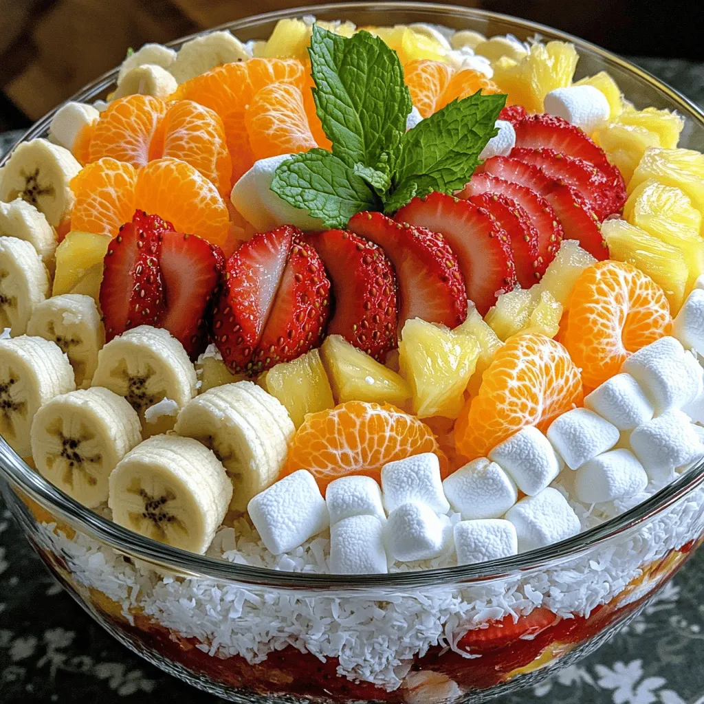 To make a classic ambrosia salad, you need some key ingredients. Here’s what you will need: - 1 cup miniature marshmallows - 1 cup shredded coconut - 1 cup canned mandarin oranges, drained and rinsed - 1 cup fresh pineapple chunks - 1 cup halved fresh strawberries - 1 ripe banana, sliced - 1 cup sour cream - 1 tablespoon honey - ½ teaspoon vanilla extract - Fresh mint leaves for garnish