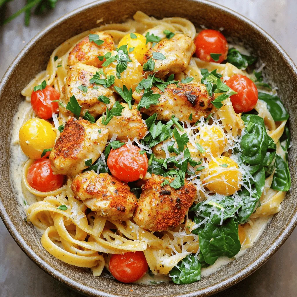 - 8 oz linguine pasta - 2 boneless, skinless chicken breasts, cut into bite-sized pieces - 4 tablespoons cowboy butter - 3 cloves garlic, minced - 1 teaspoon smoked paprika - 1/2 teaspoon cayenne pepper (adjust based on spice preference) - 1 cup heavy cream - 1 cup cherry tomatoes, halved - 2 cups fresh spinach - Salt and freshly ground black pepper to taste - Fresh parsley, chopped for garnish - Grated Parmesan cheese, for serving (optional) - 1 cup unsalted butter, melted - 2 tablespoons Worcestershire sauce - 2 tablespoons fresh lemon juice - 1 teaspoon garlic powder - 1 teaspoon smoked paprika - 1 teaspoon dried thyme - 1/2 teaspoon chili powder - Salt and freshly ground black pepper to taste In Cowboy Butter Chicken Linguine, the main ingredients shine. The linguine pasta gives a nice base, while chicken adds protein. Cowboy butter provides rich flavor. It’s easy to make and packs a punch. The additional ingredients bring depth. Garlic, spices, and heavy cream create a creamy sauce. Cherry tomatoes add sweetness and color. Fresh spinach gives a nice, bright touch. You can also top it with grated Parmesan for extra flavor. The cowboy butter is simple yet flavorful. Melted unsalted butter forms the base. Worcestershire sauce and lemon juice add tang. Garlic powder and spices elevate the taste. This sauce is key for flavor in the dish.Knowing these ingredients helps you prepare. You will enjoy each step as you cook. The blend of flavors makes this dish a winner. - In a medium bowl, mix melted butter, Worcestershire sauce, lemon juice, garlic powder, smoked paprika, thyme, chili powder, salt, and pepper. - Whisk until smooth and set aside. Let the flavors meld for a bit. - Boil salted water in a large pot. - Add linguine and cook until al dente, about 8-10 minutes. - Drain the pasta, but save 1/2 cup of the cooking water for later. - Heat 2 tablespoons of cowboy butter in a large skillet over medium heat. - Add chicken pieces and season with smoked paprika, cayenne, salt, and pepper. - Sauté for 5-7 minutes until the chicken is browned and cooked through. - Remove chicken from the skillet and set it aside. - In the same skillet, add the remaining cowboy butter. - Once melted, add minced garlic and sauté for 30 seconds. - Pour in heavy cream and mix well. - Bring to a gentle simmer, then add halved cherry tomatoes. - Cook for 2-3 minutes until they soften. - Return the cooked chicken to the skillet. - Add fresh spinach and stir until it wilts. - If the sauce is too thick, add reserved pasta water a little at a time. - Toss the drained linguine into the skillet. - Mix gently to coat the pasta in the sauce. - Taste and adjust seasoning with salt and pepper. - Serve in shallow bowls, garnished with chopped parsley and optional Parmesan cheese.To make Cowboy Butter Chicken Linguine shine, focus on the spice levels. Adding cayenne pepper can give your dish a kick. Start small if you are unsure. You can always add more later. Using fresh ingredients also makes a big difference. Fresh garlic and ripe tomatoes boost the taste. Perfecting your cooking skills is key. Sautéing the chicken just right gives a nice brown color. Cook it until it is no longer pink. Simmering the sauce gently will help the flavors blend. Timing matters too. Boil the pasta until it is al dente. This keeps it firm and tasty. Garnishing with fresh parsley adds a pop of color. Grated Parmesan cheese on top adds creaminess. For a complete meal, pair your dish with a fresh side salad or warm bread. This balances flavors and fills your plate.{{image_4}} You can switch up the protein in cowboy butter chicken linguine. Shrimp works great instead of chicken. Cook shrimp until they turn pink and firm. Turkey also makes a tasty swap. Use ground turkey for a lighter dish. For a vegetarian option, try using tofu or mushrooms. Tofu absorbs flavors well. Sauté it until golden. Mushrooms add a nice umami taste. Both options keep the dish hearty and satisfying. Make this dish fit your diet with some easy swaps. If you need gluten-free pasta, look for options made from rice or lentils. They cook up nicely and taste great. For a dairy-free sauce, use coconut cream instead of heavy cream. It adds a hint of sweetness. You can also use nut milk, but ensure it’s unsweetened. These changes keep your meal creamy while fitting your needs. Boost the flavors with extra veggies or spices. Bell peppers add a sweet crunch and color. You can toss them in with the garlic. For a cheesy twist, try adding goat cheese or feta. They melt beautifully and give a tangy kick. Fresh herbs, like basil or chives, brighten up the dish. Experiment with these options to find your favorite mix. Each variation keeps the spirit of cowboy butter chicken linguine alive while offering something new. To keep your cowboy butter chicken linguine fresh, use airtight containers. Glass or plastic containers both work well. Make sure to let the dish cool down first. This helps avoid moisture buildup. Separate the pasta and sauce if you can. This keeps them from drying out. If mixed, add a little extra cream when reheating. You can reheat your dish in the microwave or on the stovetop. The microwave is quick but can make pasta chewy. Stir every minute for even heating. The stovetop keeps the texture better. Use low heat and add a splash of cream. This helps keep the sauce smooth and rich. Yes, you can freeze cowboy butter chicken linguine! Divide it into portions for easy meals later. Use freezer-safe containers or bags. Press out air to avoid freezer burn. When ready, thaw in the fridge overnight. Reheat on the stovetop for best results. Add a bit of cream if needed to restore creaminess. Cowboy butter is a flavorful mix of butter and spices. It adds a rich taste to dishes. You can use it in many ways, like on meats or veggies. This recipe calls for cowboy butter made with: - Unsalted butter - Worcestershire sauce - Fresh lemon juice - Garlic powder - Smoked paprika - Dried thyme - Chili powder - Salt and black pepper Mixing these ingredients creates a zesty, buttery sauce perfect for cowboy butter chicken linguine. Yes, you can prepare this dish ahead of time. Here are some tips for meal prep: - Cook the chicken and pasta, then refrigerate them separately. - Prepare the cowboy butter and store it in an airtight container. - When you are ready to eat, just reheat the chicken and pasta. This way, you save time and still enjoy a tasty meal. If you need a substitute for heavy cream, try these options: - Whole milk with a bit of butter - Coconut cream for a dairy-free choice - Cashew cream for a nut-based option These will help you create a creamy sauce without heavy cream. To adjust the spice level, you can: - Add more cayenne pepper for heat. - Include red pepper flakes for extra spice. - Omit cayenne if you prefer less heat. You can customize the dish to fit your taste. Pair this dish with these tasty sides: - Garlic bread for a crunchy bite - A fresh salad for a light touch - A glass of white wine for a nice drink These options will make your meal even better. In this blog post, I shared how to make Cowboy Butter Chicken Linguine. We covered the main and additional ingredients, which create strong flavors. I guided you through the cooking steps, ensuring your dish turns out delicious. Lastly, I shared tips for flavor, variations, and storage. With this recipe, you can impress anyone with your cooking. Enjoy your meal, and don’t shy away from experimenting with ingredients!