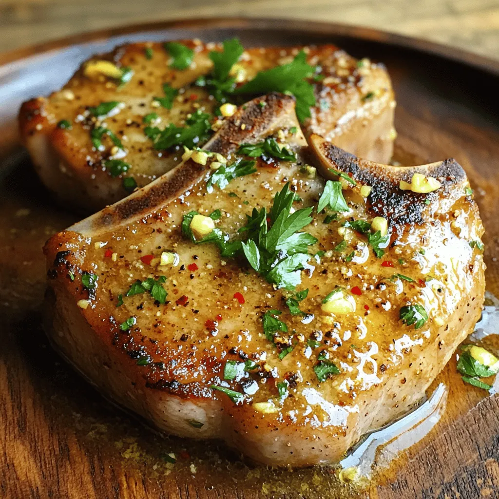 - 4 boneless pork chops (approximately 1 inch thick) - 4 cloves garlic, finely minced - 1 tablespoon extra virgin olive oil - 1 tablespoon unsalted butter - 1 teaspoon dried thyme - 1 teaspoon smoked paprika - 1 teaspoon fresh lemon zest - ½ teaspoon red pepper flakes (or to taste) - Sea salt and freshly ground black pepper, to taste - Fresh parsley, finely chopped (for garnish) Using fresh garlic makes a big difference in flavor. Fresh garlic has a bright taste and strong aroma that dried garlic lacks. You want your dish to shine, so choose the best. Next, pick the right cut of pork chops. Boneless chops are tender and cook quickly. They soak up flavors well, making them perfect for this garlic sauce. If you want substitutes, consider using organic ingredients. Organic pork might have better taste and quality. You can also swap out the red pepper flakes for a milder spice, if needed. For the olive oil, extra virgin is the best choice. It has a rich flavor that enhances the dish. You can even experiment with flavored oils for a twist. Remember, quality ingredients lead to better meals, so choose wisely!First, pat the pork chops dry with paper towels. This step is key for a good sear. Next, season both sides of the pork chops. Use sea salt, black pepper, smoked paprika, and dried thyme. This mix adds great flavor. Now, heat a large skillet over medium-high heat. Add one tablespoon of extra virgin olive oil. Wait until the oil shimmers before you add the pork chops. This helps achieve a nice crust. Place the seasoned pork chops in the hot skillet. Sear each chop for about 4-5 minutes. Flip them and cook for another 4-5 minutes. Use a meat thermometer to check the temperature. The chops should reach 145°F (63°C) for safe eating. Once done, transfer them to a plate and cover with aluminum foil. This keeps them warm while you make the sauce. In the same skillet, lower the heat to medium. Add one tablespoon of unsalted butter and let it melt. After the butter melts, add four cloves of minced garlic and red pepper flakes. Sauté the garlic for about 30-45 seconds. Watch closely to avoid burning it. Next, stir in one teaspoon of fresh lemon zest. Scrape any browned bits from the skillet. This adds flavor to the sauce. Let the mixture simmer for 1-2 minutes. This step helps the flavors blend well. Finally, return the pork chops to the skillet. Spoon the garlic sauce over each chop. Cook for an additional minute to warm them through. Let the pork chops rest in the sauce for a couple of minutes. This helps the flavors soak in.To get that perfect sear on your pork chops, start with a dry surface. Pat them down with paper towels. This helps the meat brown well. Use a hot skillet, and don’t crowd the pan. Each chop needs space to sear nicely. For seasonal herbs, think about what’s fresh. In spring, try fresh rosemary. In summer, basil works great. In fall, consider sage. Each herb brings a unique taste to your dish. Pork chops pair well with many sides. Creamy mashed potatoes add comfort. Roasted vegetables can add color and nutrition. A fresh green salad can lighten the meal. For a lovely touch, garnish with lemon slices or fresh parsley. This adds brightness and makes your dish look great. One big mistake is overcooking pork chops. They can dry out fast if cooked too long. Always check the internal temperature. Aim for 145°F (63°C) for juicy, tender meat. Another mistake is not letting the sauce meld. After cooking, let the pork chops rest in the sauce. This allows the flavors to blend well, making each bite delicious. {{image_4}} You can make your pork chops even better. Try adding mushrooms or spinach to the garlic sauce. These veggies bring a rich taste and a nice texture. Sauté the mushrooms until they are soft, then add them to the sauce. Spinach wilts quickly, so stir it in just before serving. You can also switch up the herbs. Instead of thyme, use rosemary or basil. Each herb gives a unique twist to the dish. Rosemary adds a piney flavor, while basil brings a sweet touch. Feel free to mix and match based on what you like. Not everyone has a skillet, and that’s okay! You can grill the pork chops for a smoky flavor. Preheat your grill and cook the chops until they are golden brown on the outside. This method keeps them juicy too. If you have a slow cooker, you can use it for this recipe. Season the chops as usual and place them in the slow cooker. Pour the garlic sauce over them and let it cook on low for 6 to 8 hours. This method makes the pork really tender. For those on a keto diet, you can make some easy changes. Use a sugar-free garlic sauce or omit any added sugars. You can also substitute butter with ghee for a dairy-free option. If you need a gluten-free meal, be sure to check your ingredients. Use gluten-free soy sauce if you want that umami flavor. Most spices and fresh herbs are naturally gluten-free, making it easy to enjoy this dish.After you enjoy your pork chops, store any leftovers in the fridge. Place them in an airtight container. This keeps the meat fresh and tasty. Pork chops can last up to three days in the fridge. Make sure they cool down first before sealing them up. To reheat your pork chops, use a skillet on low heat. This method helps keep the meat juicy. Heat them for about 5-7 minutes, flipping once. If you want to refresh the garlic sauce, warm it up separately. Pour it over the chops just before serving. This adds that fresh garlic flavor back to your meal.Cook pork chops for 4-5 minutes per side. This gives them a nice brown crust. The inside should reach 145°F (63°C). Use a meat thermometer to check the temperature. Yes, you can use bone-in pork chops. They have a richer flavor than boneless ones. Bone-in pork chops also tend to stay juicier during cooking. Look for a nice golden crust on the outside. The inside should be slightly pink and juicy. Always check the internal temperature to make sure it is 145°F (63°C). If you can