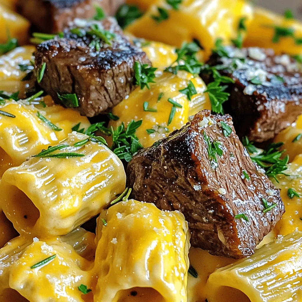 Garlic Butter Steak Tips with Cheesy Rigatoni Delight