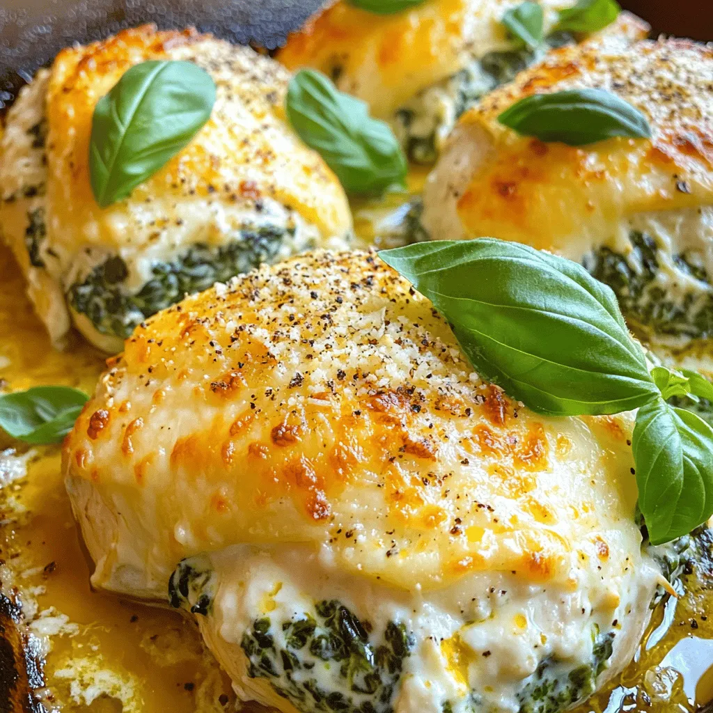 - 4 boneless, skinless chicken breasts - 2 cups fresh spinach, chopped - 1 cup ricotta cheese - 1 cup grated mozzarella cheese, divided - 1/2 cup grated Parmesan cheese - 1 clove garlic, minced - 1 tablespoon olive oil - 1 teaspoon Italian seasoning - Salt and pepper to taste - 1/4 teaspoon red pepper flakes (optional) - Fresh basil leaves for garnish To start, gather all your ingredients. This helps keep your cooking area tidy. Prepping will make the cooking flow smoother. First, preheat your oven to 375°F (190°C). This step is crucial for even cooking later. While the oven heats, season your chicken. Use salt, pepper, and Italian seasoning. Next, heat the olive oil in a skillet. Add the minced garlic. Sauté it for about 30 seconds. You want it fragrant but not brown. Then, add the chopped spinach. Cook just until it wilts, about 2-3 minutes. This brings out its bright flavor and color. Remove the skillet from the heat and let it cool a bit. In a separate bowl, mix the ricotta cheese, half of the mozzarella, and the cooked spinach. Stir well and add a pinch of salt and pepper. If you like spice, toss in some red pepper flakes. This filling is creamy and packed with flavor. Chicken Florentine is a healthy dish. Each serving provides a good amount of protein from the chicken and cheese. Spinach adds vitamins A and C, along with iron. Here’s a rough breakdown for one serving: - Calories: 400 - Protein: 40g - Carbohydrates: 6g - Fat: 24g This dish fits well into a balanced meal. Enjoy it with a side of veggies or a salad for a complete experience.First, preheat your oven to 375°F (190°C). This step warms the oven so your chicken cooks evenly. While the oven heats, take your chicken breasts and season them well. Use salt, pepper, and Italian seasoning to add flavor. Be sure to coat both sides evenly. This seasoning enhances the taste and brings out the best in your dish. Next, grab a large skillet and heat one tablespoon of olive oil over medium heat. Add one clove of minced garlic. Sauté it for about 30 seconds until it smells great. Then, add two cups of chopped spinach. Cook the spinach until it wilts, which usually takes 2-3 minutes. Keep an eye on the color; it should stay vibrant green. Once cooked, remove the skillet from heat and let the spinach cool slightly. Now, let’s prepare the filling. In a mixing bowl, combine one cup of ricotta cheese, half of the grated mozzarella, and the sautéed spinach. Mix everything well and add a pinch of salt and pepper. If you like some heat, add a little red pepper flakes. Take each chicken breast and slice it horizontally to create a pocket. Be careful not to cut all the way through. Stuff each chicken breast generously with the spinach and ricotta mixture. If needed, use toothpicks to secure the openings. This keeps the filling inside while cooking. Place the stuffed chicken in a greased baking dish. Sprinkle the remaining mozzarella and grated Parmesan cheese on top. This will create a tasty, bubbling crust. Bake the dish for 25-30 minutes. The chicken should be cooked through and the cheese melted and golden. Once it’s done, let the chicken rest for 5 minutes before serving. This helps keep the juices inside. Finish by garnishing with fresh basil leaves for a lovely touch.Enjoy your Chicken Florentine! To make your Chicken Florentine shine, focus on the chicken. Always choose fresh, high-quality chicken breasts. This choice makes a big difference in taste. Season the chicken well. Use salt, pepper, and Italian seasoning. This will add depth to your dish. When you sauté the garlic, keep an eye on it. Garlic can burn quickly. You want it fragrant, not brown. Cook the spinach just until it wilts. This keeps its bright color and nutrients. Mixing the filling is fun! Make sure to taste it. Adjust the salt and pepper to your liking. Presentation matters. Serve your Chicken Florentine on warm plates. A drizzle of olive oil adds a nice touch. Garnish with fresh basil for color and flavor. This enhances the dish