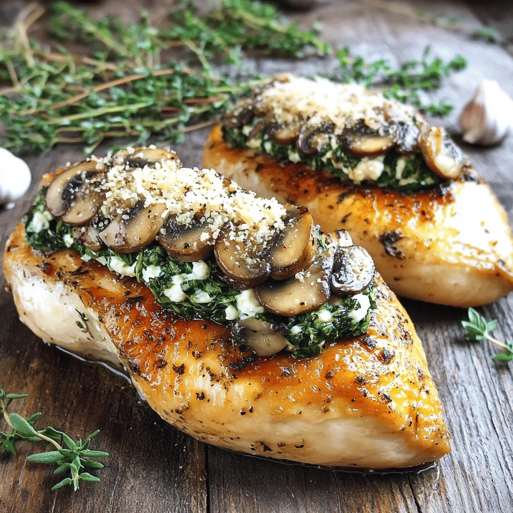 - 4 boneless, skinless chicken breasts - 1 cup finely chopped mushrooms (cremini or button) - 1/2 cup roughly chopped fresh spinach - 1/2 cup ricotta cheese - 1/4 cup grated Parmesan cheese - 2 cloves minced garlic - 1 tablespoon olive oil - 1 teaspoon dried thyme - Salt and pepper, to taste - Toothpicks or kitchen twine This recipe is simple and uses fresh ingredients. The chicken breasts provide lean protein, while mushrooms add a deep, earthy flavor. Spinach brings in nutrients and a pop of color. Ricotta and Parmesan create a creamy, savory stuffing that keeps the chicken moist. When I prepare this dish, I focus on using fresh mushrooms. They give the stuffing a wonderful texture. You can use cremini or button mushrooms, depending on your taste. Fresh spinach is key, too. It adds a nice green touch and balances the richness of the cheese. The spices are vital. Dried thyme adds a lovely aroma, while garlic gives depth. You can adjust the salt and pepper to your liking. For securing the stuffed chicken, toothpicks work well. Kitchen twine is also a great option if you have it. Both keep the filling inside while baking, so you get all the flavors in each bite.First, preheat your oven to 375°F (190°C). This helps cook the chicken evenly. Next, gather all ingredients and tools. You will need a skillet, mixing bowl, and baking dish. Having everything ready makes cooking easier and faster. In a medium skillet over medium heat, add one tablespoon of olive oil. Once the oil is hot, add two cloves of minced garlic. Sauté for about one minute until it smells great. Then, add one cup of finely chopped mushrooms and one teaspoon of dried thyme. Cook for 5-7 minutes, stirring often. You want the mushrooms to get soft and lose their moisture. After that, add half a cup of roughly chopped spinach. Stir gently for about two minutes until the spinach starts to wilt. Remove the skillet from heat and let it cool for a few moments. In a mixing bowl, combine this mixture with half a cup of ricotta cheese and a quarter cup of grated Parmesan cheese. Add salt and pepper to taste. Mix well to create your stuffing. Now, prepare the chicken breasts. Take each breast and slice it horizontally on the side. Be careful not to cut all the way through. This creates a pocket for the stuffing. Generously fill each chicken pocket with your mushroom stuffing. Secure the opening with toothpicks or kitchen twine to keep the filling inside during baking. Season the outside of the stuffed chicken with a sprinkle of salt and pepper for extra flavor. Place the stuffed chicken in a baking dish and cover it with aluminum foil. This helps keep the chicken moist. Bake in the preheated oven for 25 minutes. After that time, remove the foil and bake for another 15-20 minutes. Check to ensure the chicken is cooked through, reaching an internal temperature of 165°F (75°C). Once done, let the chicken rest for a few minutes before slicing. Enjoy your delicious creation!- Use low-fat cheese options to cut calories. - Substitute olive oil with cooking spray for less fat. These small swaps can make your meal lighter without losing flavor. Low-fat cheese still melts well and adds creaminess. Cooking spray helps reduce added oils, keeping your dish healthy. - Add herbs and spices of your choice for extra taste. - Try different cheese combinations to find your favorite. Adding fresh herbs can brighten up the dish. Consider basil, parsley, or oregano. Mixing cheeses like mozzarella or feta can also create new flavors. Experiment to make it your own! - Recommended pans include a non-stick skillet and a baking dish. - Useful kitchen gadgets for stuffing are a sharp knife and toothpicks. A good non-stick skillet helps with easy cooking. A sharp knife makes cutting the chicken simpler. Toothpicks secure the filling while baking. These tools make the process smoother and more enjoyable.{{image_4}} You can switch up your mushroom stuffing to keep things exciting. Try adding sun-dried tomatoes for a tangy twist. Artichokes give a nice flavor and texture too. You can also mix in some nuts or seeds. This adds a great crunch and healthy fats. Walnuts or pine nuts work well here. Each of these choices can make your dish more unique and tasty. If you want to change your protein, there are good options. Turkey works great as a lean substitute for chicken. Tofu is an excellent choice for a plant-based meal. It picks up flavors well and provides protein. Another fun idea is to use fish fillets. They give a lighter taste and cook quickly. Each option allows you to enjoy the same great stuffing in a new way. If you follow a gluten-free diet, you can still enjoy this dish! Just make sure to use gluten-free breadcrumbs or omit them. For those who prefer a vegan option, substitute the chicken with a large portobello mushroom cap. You can also use vegan cheese in the stuffing. These changes keep the flavors intact while meeting your dietary needs. Enjoy exploring these variations for a delicious meal! After enjoying your Healthy Mushroom Stuffed Chicken Breast, you may have some left. To store leftovers, place them in an airtight container. Refrigerate them within two hours of cooking. This keeps the chicken fresh and safe to eat. The stuffed chicken can last in the fridge for up to three days. If you want to save your stuffed chicken for later, freezing is a great option. Wrap each stuffed chicken breast tightly in plastic wrap. Then, place them in a freezer-safe bag. Label the bag with the date. This way, you can enjoy your meal for up to three months. When you’re ready to enjoy your leftover stuffed chicken, reheating is key. To do this without drying it out, you can use two methods. The oven method keeps the chicken juicy. Preheat your oven to 350°F (175°C). Place the chicken on a baking sheet and cover it with foil. Heat for about 20-25 minutes, or until warmed through. The microwave is faster but may dry out the chicken. If using a microwave, place the chicken on a microwave-safe plate. Add a splash of water to the plate. Cover it with a damp paper towel. Heat on medium for 2-3 minutes, checking frequently. If you lead a busy life, meal prep can help. You can make the mushroom stuffing in advance. Store it in the fridge for up to three days. When you’re ready to cook, stuff the chicken breasts and bake them. For easy meals, try portioning the chicken. Slice the cooked stuffed chicken into servings. Store each portion in a container. This way, you can quickly grab a meal on the go. Pair it with some veggies or a salad for a complete dinner. To keep your chicken juicy, cook it at the right temperature. Bake the chicken at 375°F (190°C). This temperature allows for even cooking without drying it out. Use a meat thermometer to check if it reaches 165°F (75°C) inside. Cover the chicken with foil for the first part of baking. This traps heat and moisture, helping the chicken stay tender. Yes, you can bake without foil. However, this may dry out the chicken. The foil helps keep moisture in during cooking. If you skip the foil, check the chicken often. You may need to baste it with its juices to maintain moisture. You can pair this chicken with many sides. Here are some tasty ideas: - Steamed broccoli or green beans - A fresh garden salad - Quinoa or brown rice - Mashed sweet potatoes - Roasted vegetables These sides add color and flavor to your plate. For vegetarian options, swap the chicken with large portobello mushrooms. They hold stuffing well and taste great. For gluten-free diets, ensure the cheese and any added ingredients are certified gluten-free. You can also use gluten-free breadcrumbs if you want added texture in the stuffing. Absolutely! You can try various cheeses for new flavors. Here are some tasty options: - Mozzarella for a creamy texture - Feta for a tangy kick - Goat cheese for a rich taste Experimenting with cheese can make this dish your own!In this article, we explored a delicious and healthy recipe for mushroom stuffed chicken. We covered key ingredients, detailed step-by-step instructions, and helpful tips to enhance flavors. Variations reveal many options for different diets and tastes. Remember, cooking should be fun and let you express your creativity. Now, get in the kitchen and try this recipe. Enjoy a tasty meal that’s good for you!
